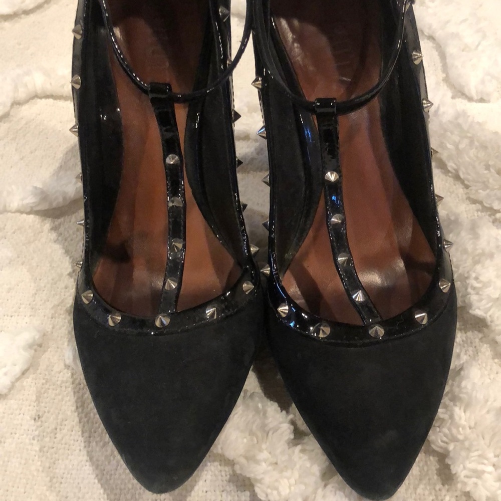 SCHUTZ black studded ankle strap stilettos